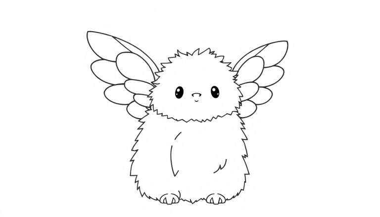 Desenho em preto e branco de uma criatura fofa e peluda com asas grandes e emplumadas, olhos brilhantes e uma boca sorridente, pronto para ser colorido.