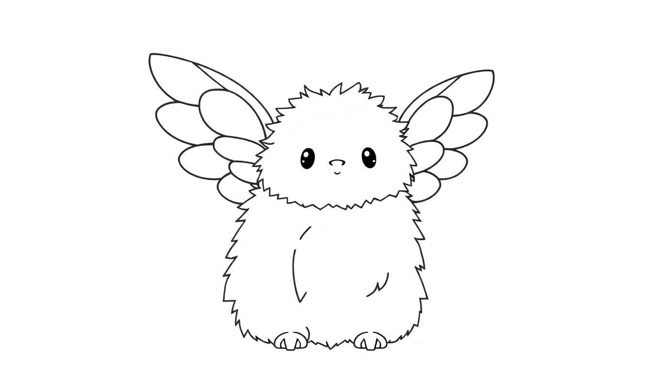 Desenho em preto e branco de uma criatura fofa e peluda com asas grandes e emplumadas, olhos brilhantes e uma boca sorridente, pronto para ser colorido.