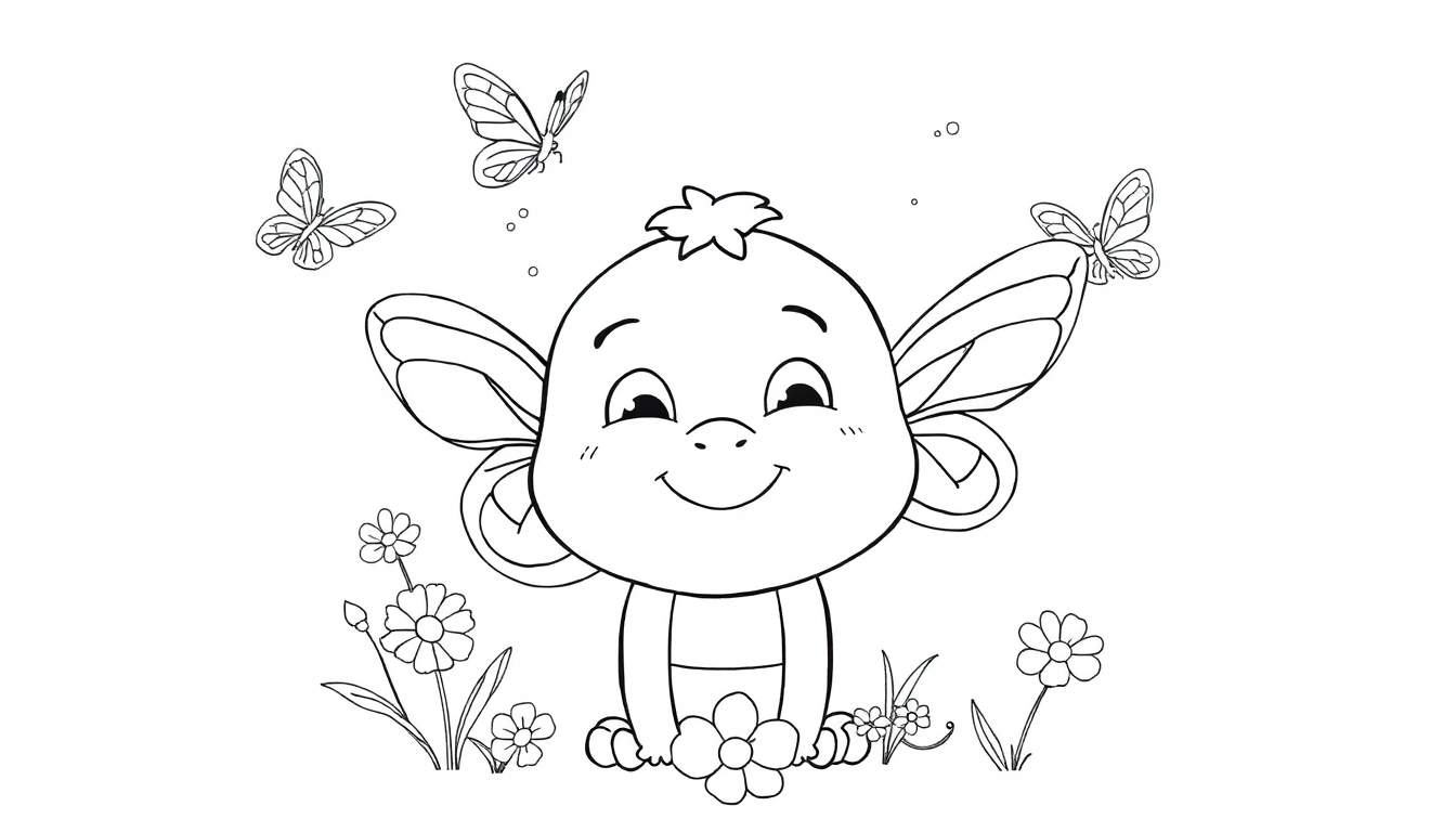Página para colorir de uma criatura fofa com asas de fada e orelhas grandes sentada em um campo com flores e borboletas.