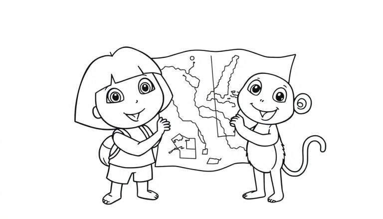 Desenho para colorir de Dora e Botas olhando um mapa da Europa, prontos para uma aventura.