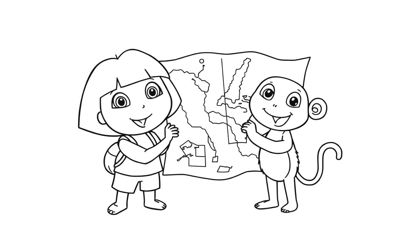 Desenho para colorir de Dora e Botas olhando um mapa da Europa, prontos para uma aventura.