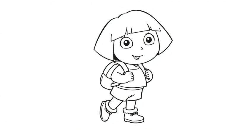Desenho a preto e branco de Dora a Exploradora a caminhar com uma mochila, pronta para ser colorida.