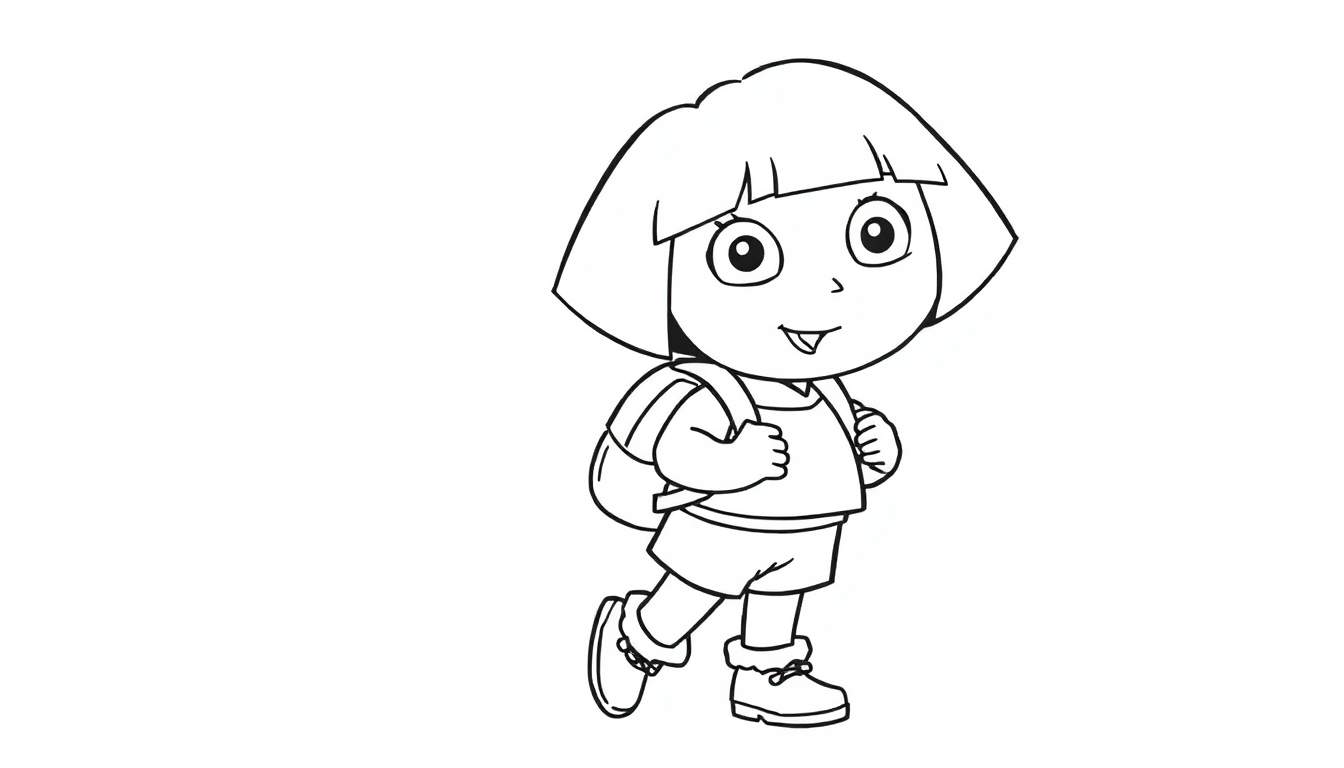 Desenho a preto e branco de Dora a Exploradora a caminhar com uma mochila, pronta para ser colorida.