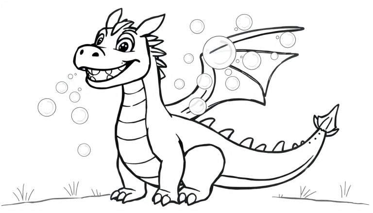 Um desenho a preto e branco de um dragão sorridente sentado e a cuspir bolhas coloridas.