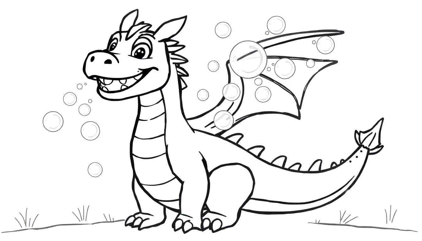Um desenho a preto e branco de um dragão sorridente sentado e a cuspir bolhas coloridas.