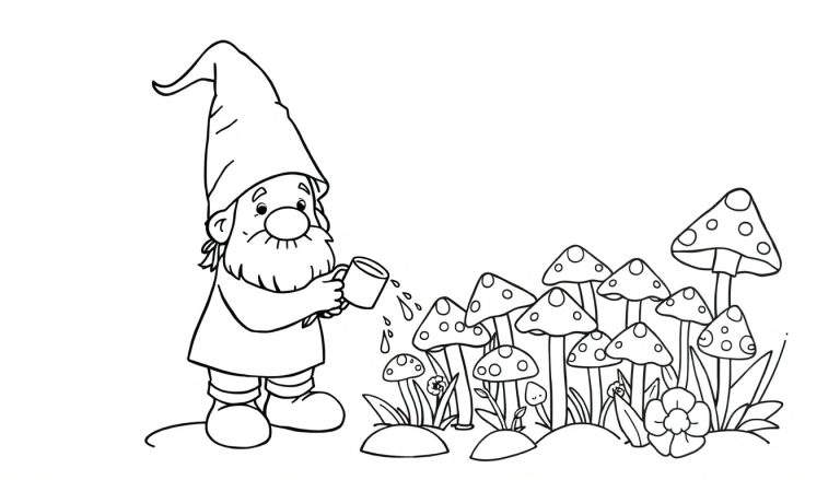 Duende a regar cogumelos numa página para colorir