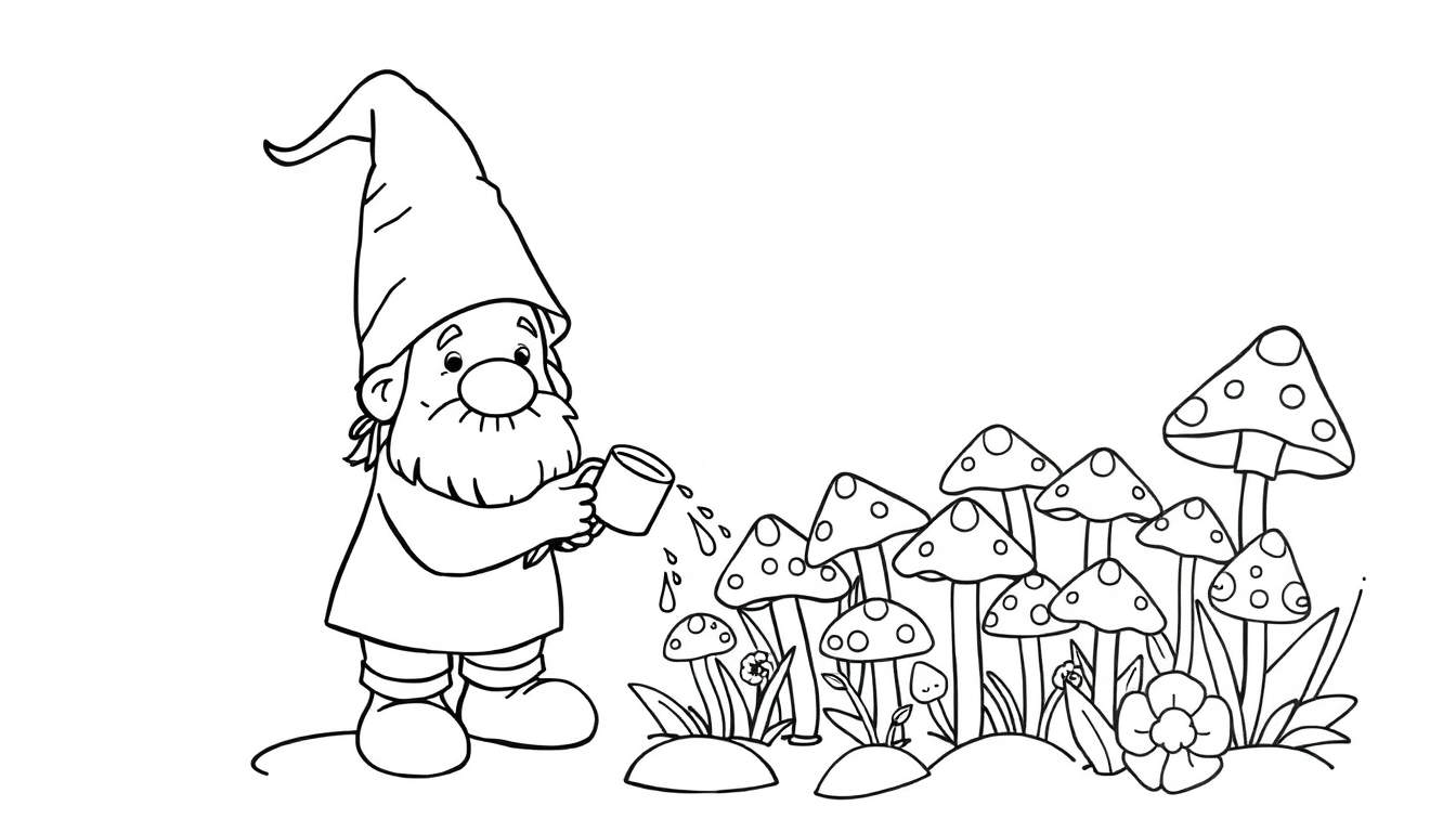 Duende a regar cogumelos numa página para colorir