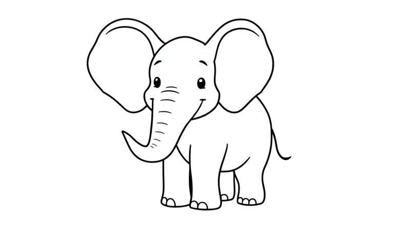 Filhote de elefante para colorir com orelhas grandes e tromba curvada.