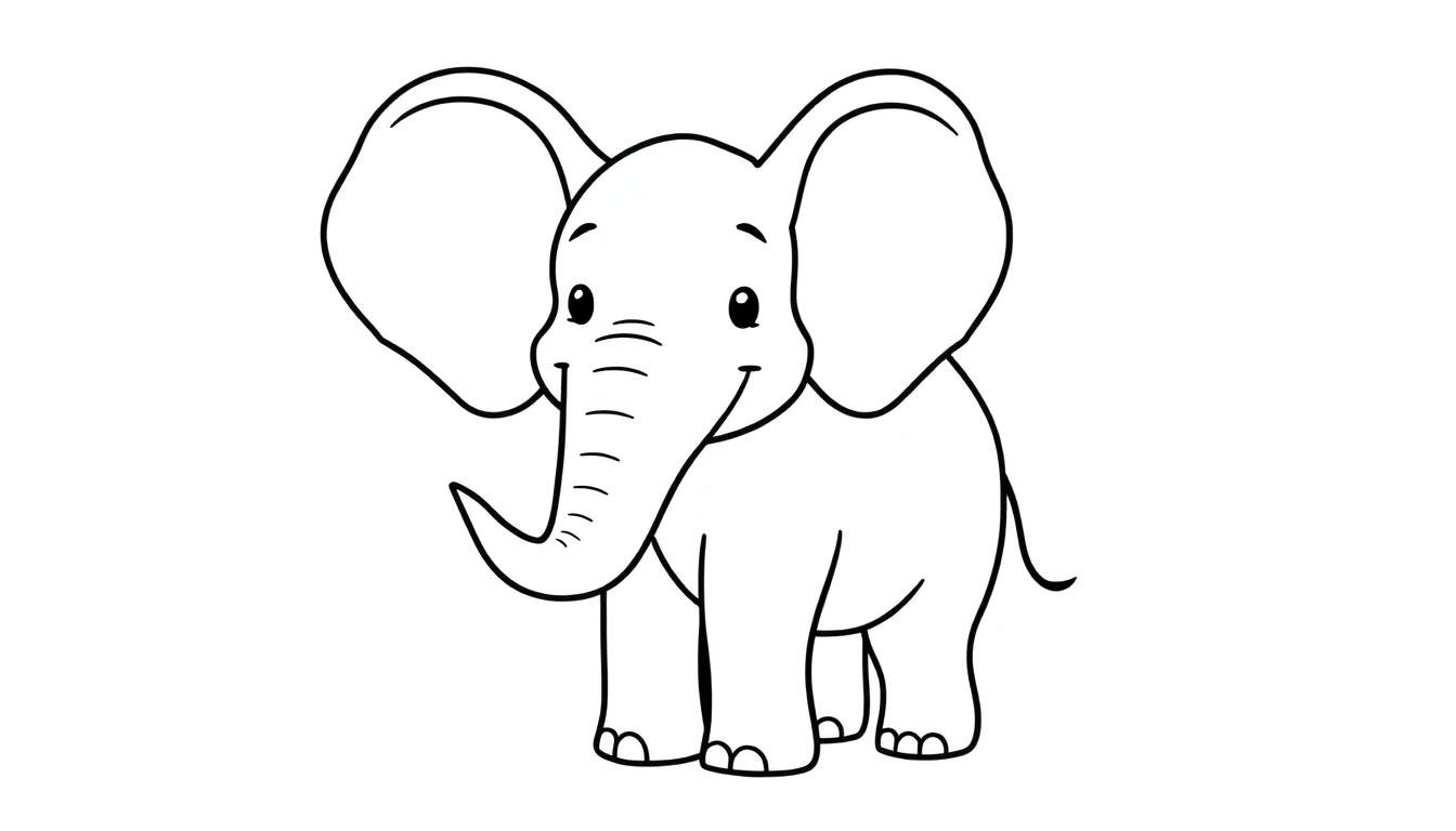 Filhote de elefante para colorir com orelhas grandes e tromba curvada.