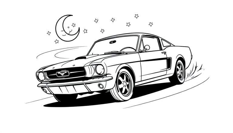 Página para colorir de um Ford Mustang clássico a fazer drift, com lua sorridente e estrelas.
