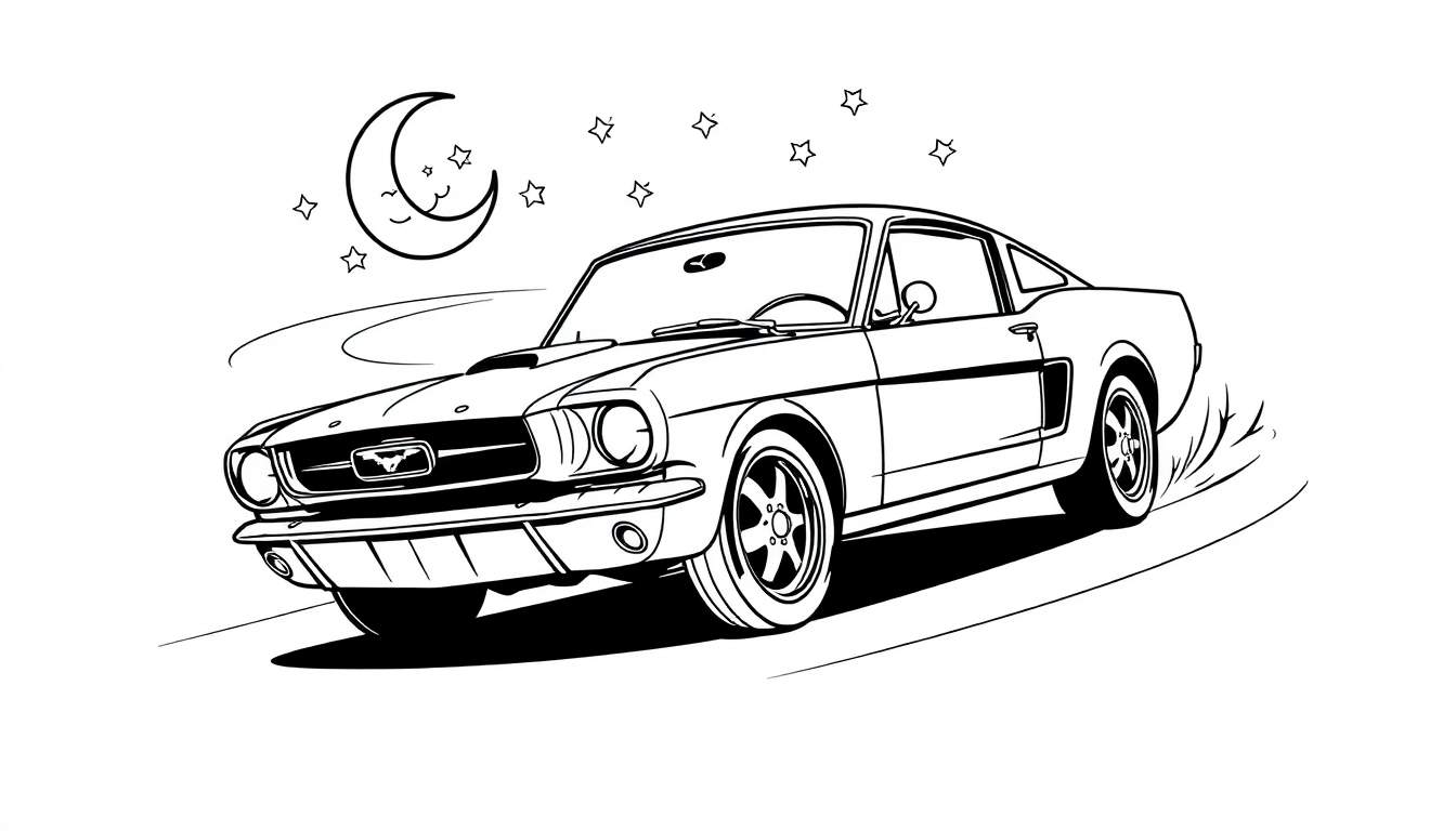 Página para colorir de um Ford Mustang clássico a fazer drift, com lua sorridente e estrelas.
