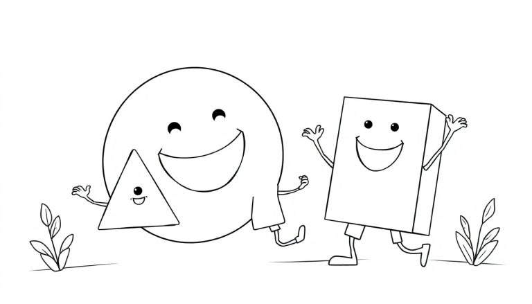 Página para colorir de um círculo sorridente com pernas correndo, um pequeno triângulo sobreposto, e um retângulo alto sorridente com braços e pernas correndo. Duas pequenas plantas estão ao fundo.