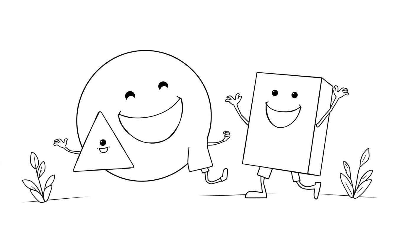 Página para colorir de um círculo sorridente com pernas correndo, um pequeno triângulo sobreposto, e um retângulo alto sorridente com braços e pernas correndo. Duas pequenas plantas estão ao fundo.