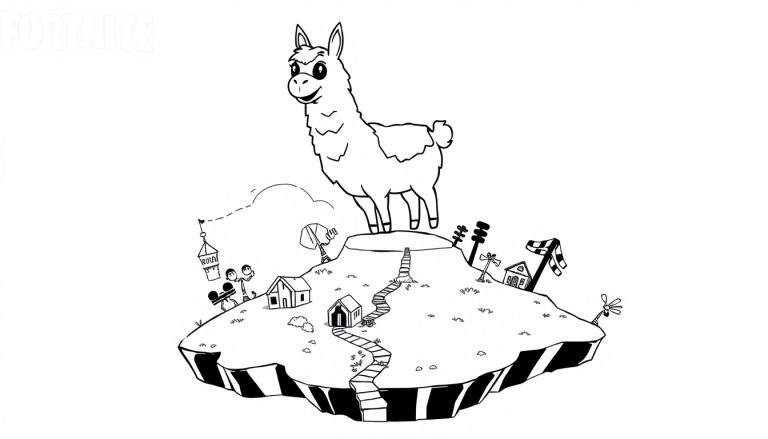 Desenho em preto e branco de um lama do Fortnite numa ilha flutuante, pronto para ser colorido.