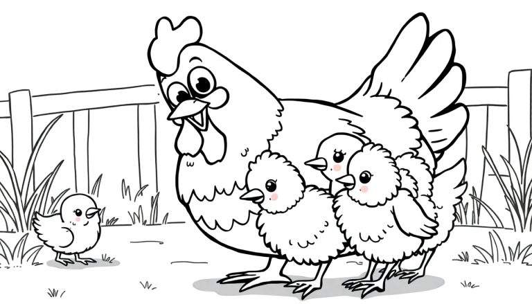 Desenho de uma galinha com a boca aberta e olhos arregalados, protegendo três pintinhos sob sua asa, enquanto outro pintinho anda na grama à frente. Ao fundo, uma cerca e plantas.