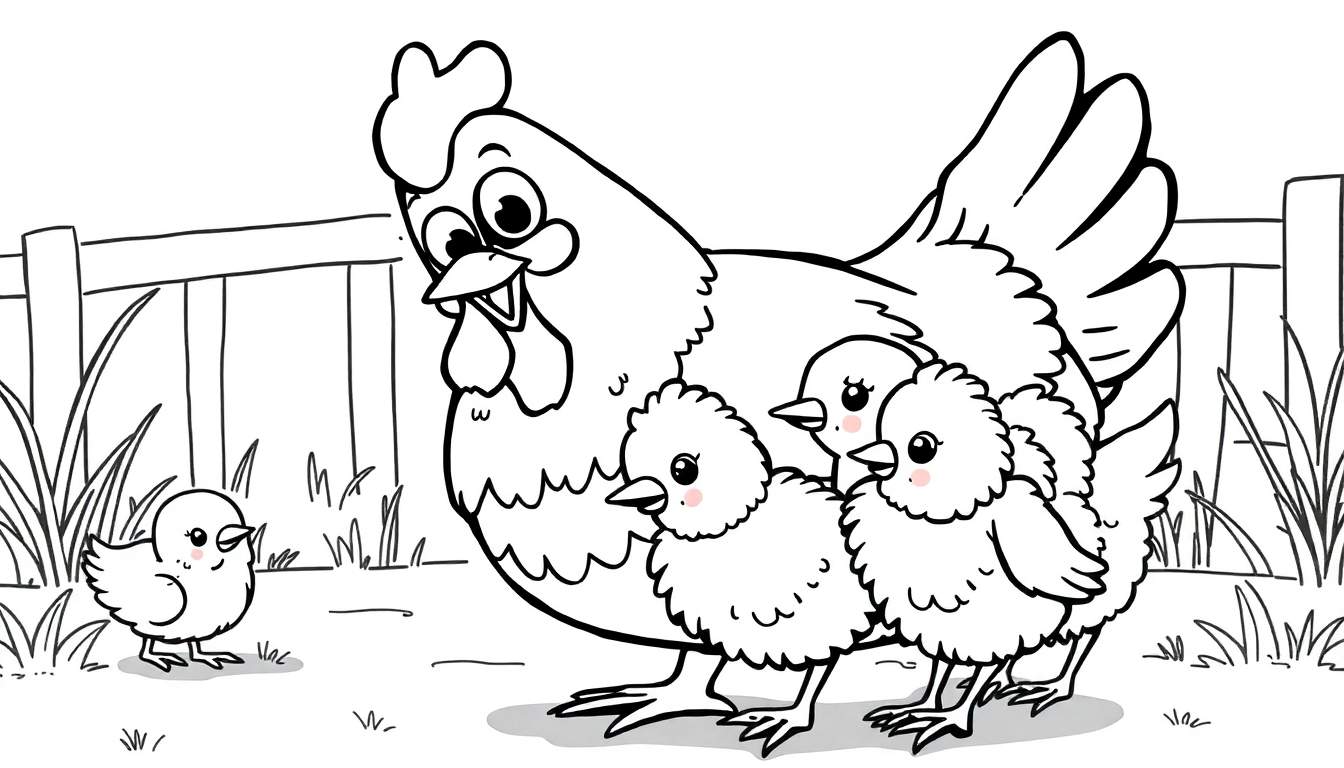 Desenho de uma galinha com a boca aberta e olhos arregalados, protegendo três pintinhos sob sua asa, enquanto outro pintinho anda na grama à frente. Ao fundo, uma cerca e plantas.