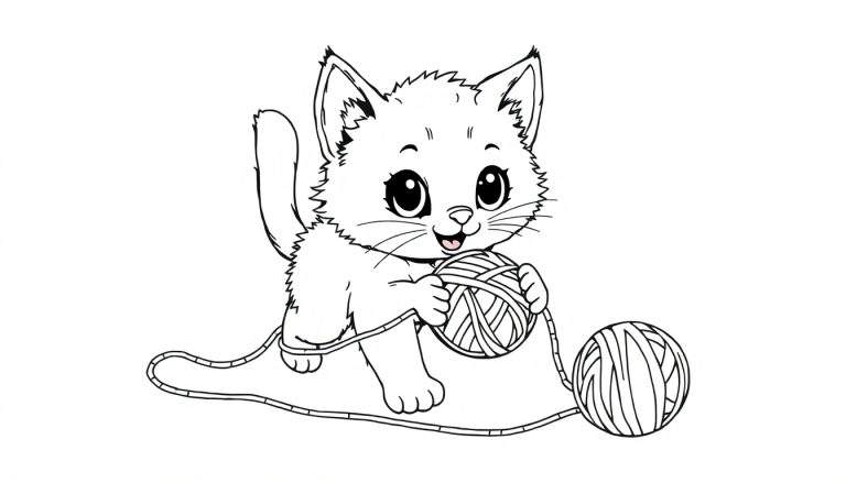 Página para colorir de um gatinho de desenho animado a brincar com uma bola de lã.