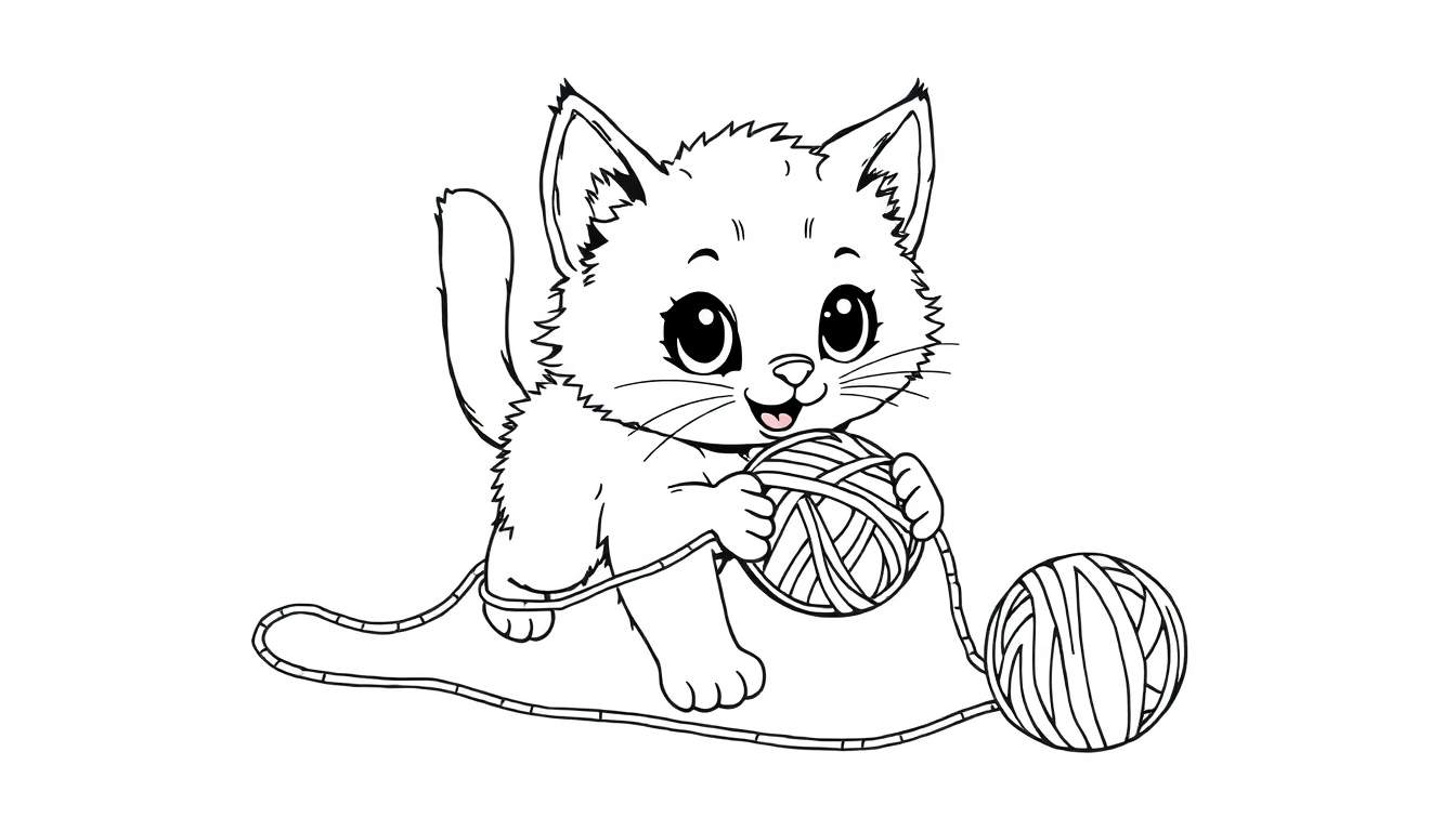 Página para colorir de um gatinho de desenho animado a brincar com uma bola de lã.