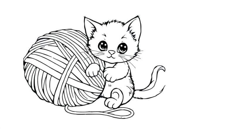 Desenho para colorir de um gatinho fofo com olhos grandes e um novelo de lã.