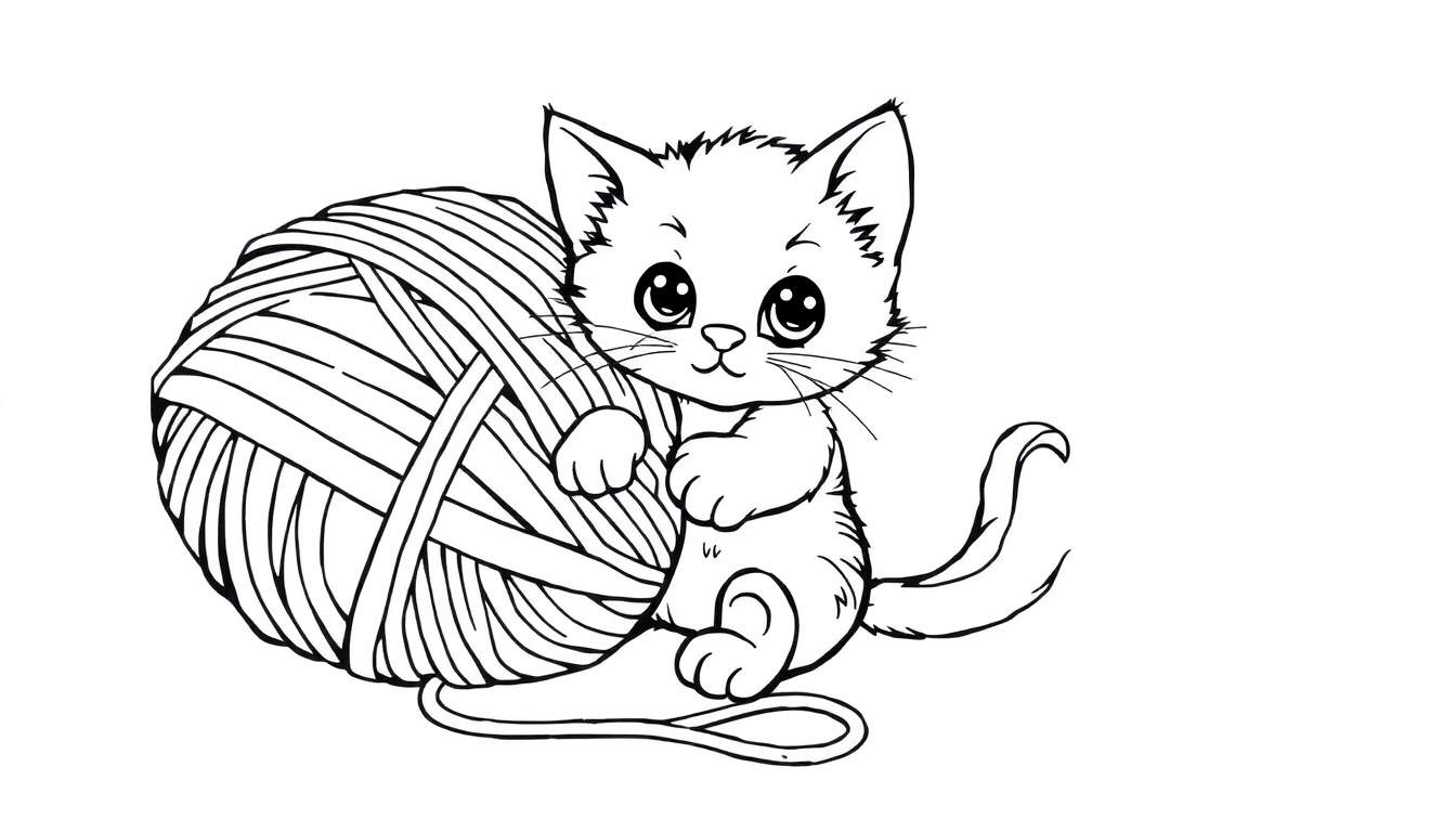 Desenho para colorir de um gatinho fofo com olhos grandes e um novelo de lã.