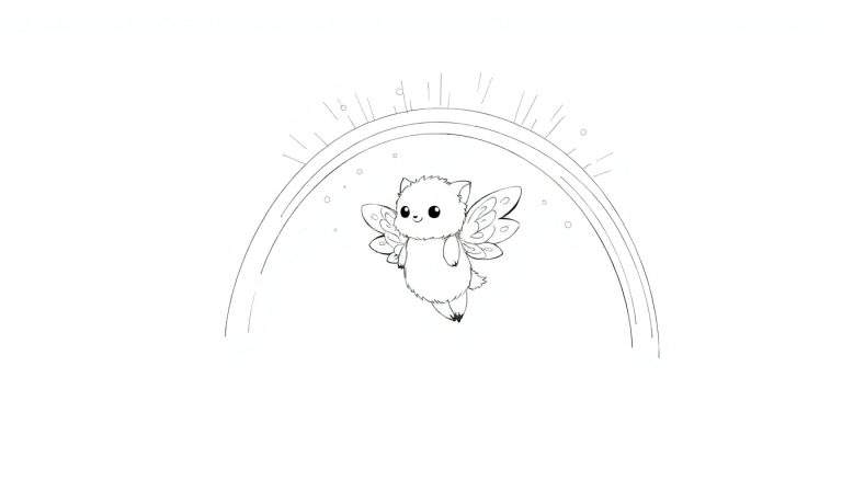 Desenho a preto e branco de um gato pequeno e fofo com asas de borboleta, sorrindo enquanto flutua num arco que emite luz, com pequenas esferas no fundo.