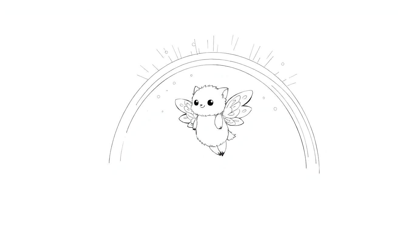 Desenho a preto e branco de um gato pequeno e fofo com asas de borboleta, sorrindo enquanto flutua num arco que emite luz, com pequenas esferas no fundo.