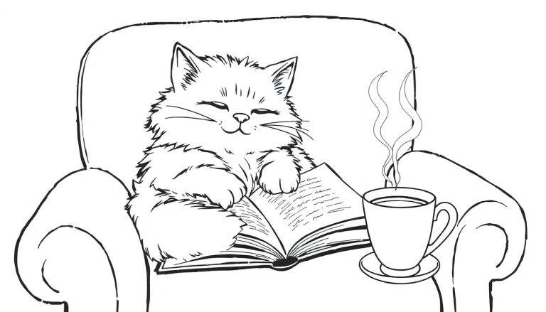 Desenho para colorir de um gato feliz a ler um livro e a bebericar uma bebida quente numa poltrona.