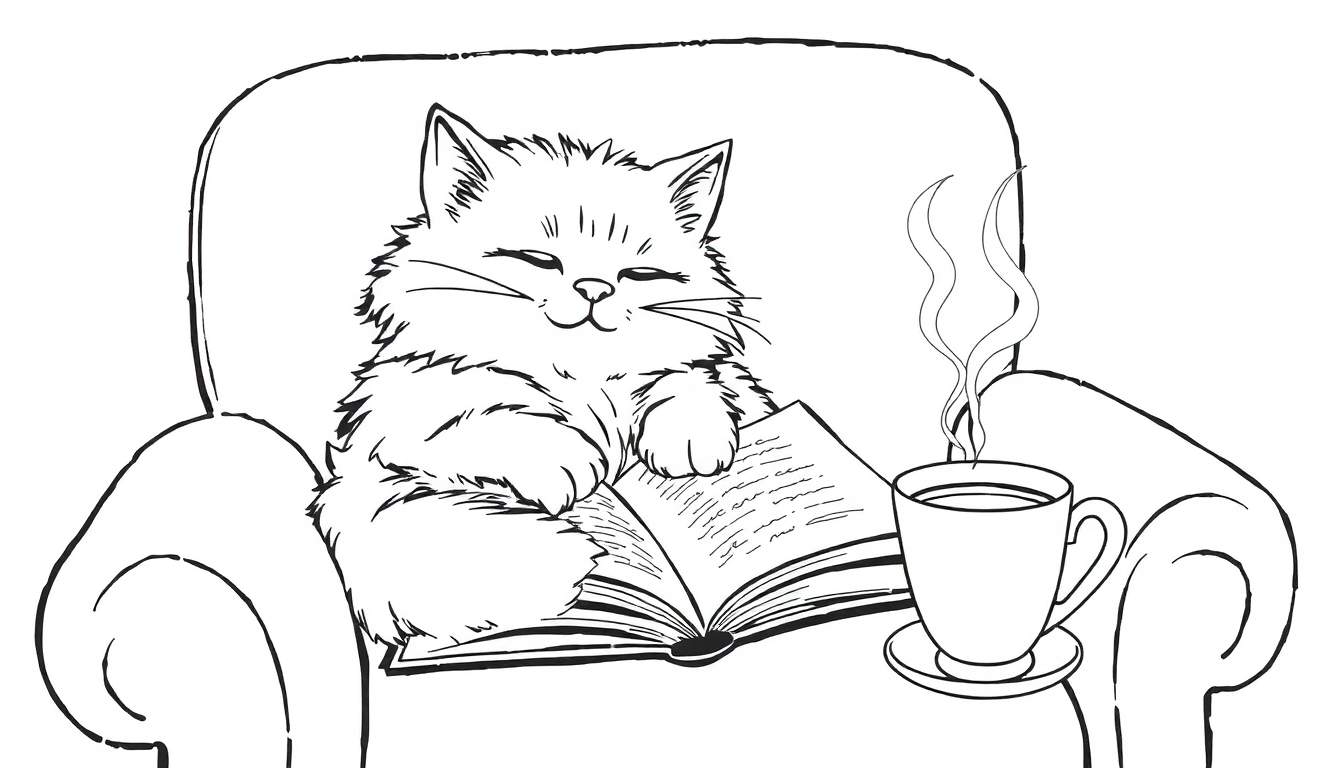 Desenho para colorir de um gato feliz a ler um livro e a bebericar uma bebida quente numa poltrona.