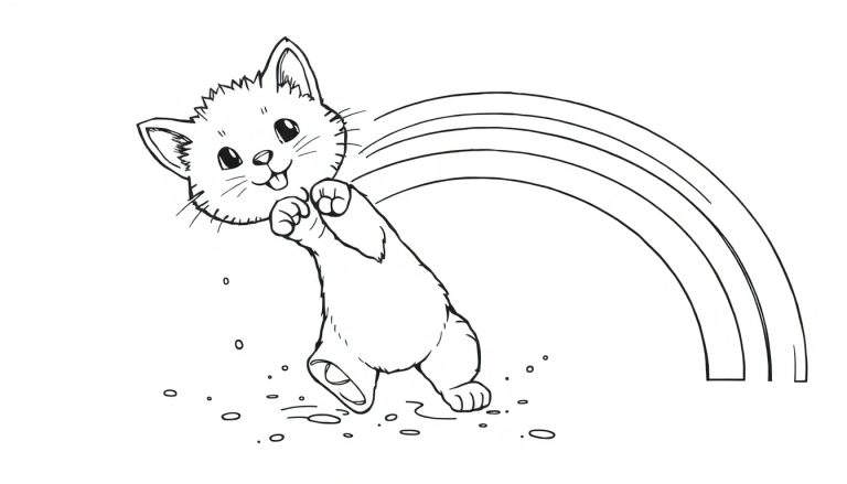 Página para colorir de um gato preto e branco a saltar felizmente em direção a um arco-íris, com salpicos de água à volta.