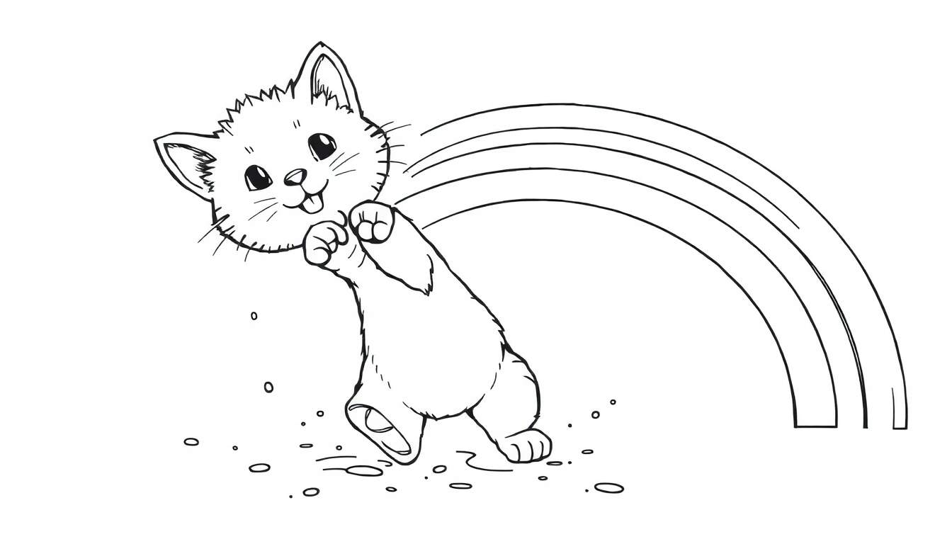 Página para colorir de um gato preto e branco a saltar felizmente em direção a um arco-íris, com salpicos de água à volta.