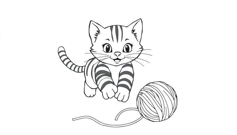Gato de desenho animado preto e branco com riscas a brincar com um novelo de lã.
