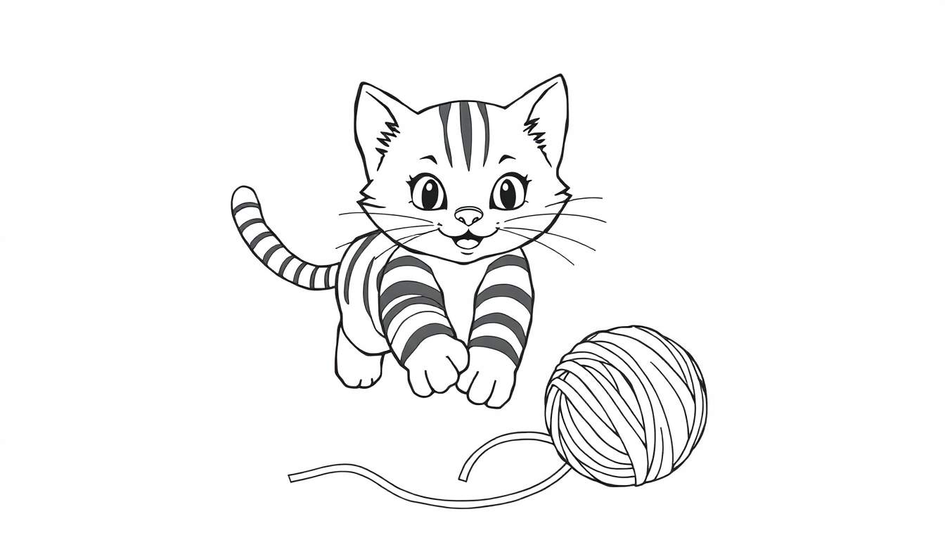 Gato de desenho animado preto e branco com riscas a brincar com um novelo de lã.