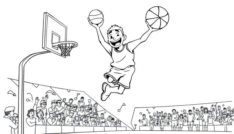 Página para colorir de um jogador de basquete no ar com a bola, pronto para marcar.