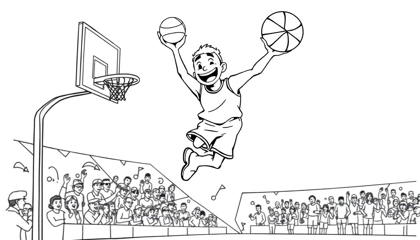 Página para colorir de um jogador de basquete no ar com a bola, pronto para marcar.