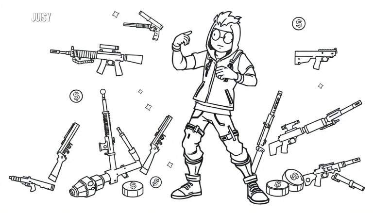Desenho a traço de um personagem de desenho animado com óculos, apontando para cima, rodeado por armas e moedas de dólar. Nome 'JUSY' no canto superior esquerdo.