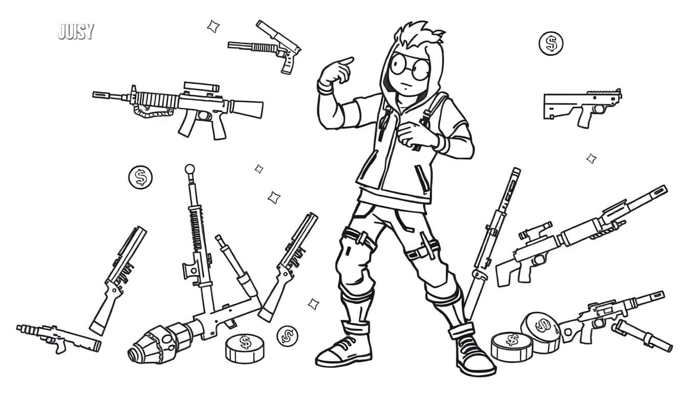 Desenho a traço de um personagem de desenho animado com óculos, apontando para cima, rodeado por armas e moedas de dólar. Nome 'JUSY' no canto superior esquerdo.