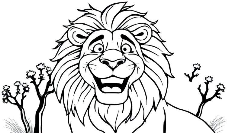 Desenho a preto e branco de um leão sorridente com uma grande juba, rodeado por vegetação africana, pronto para ser colorido.