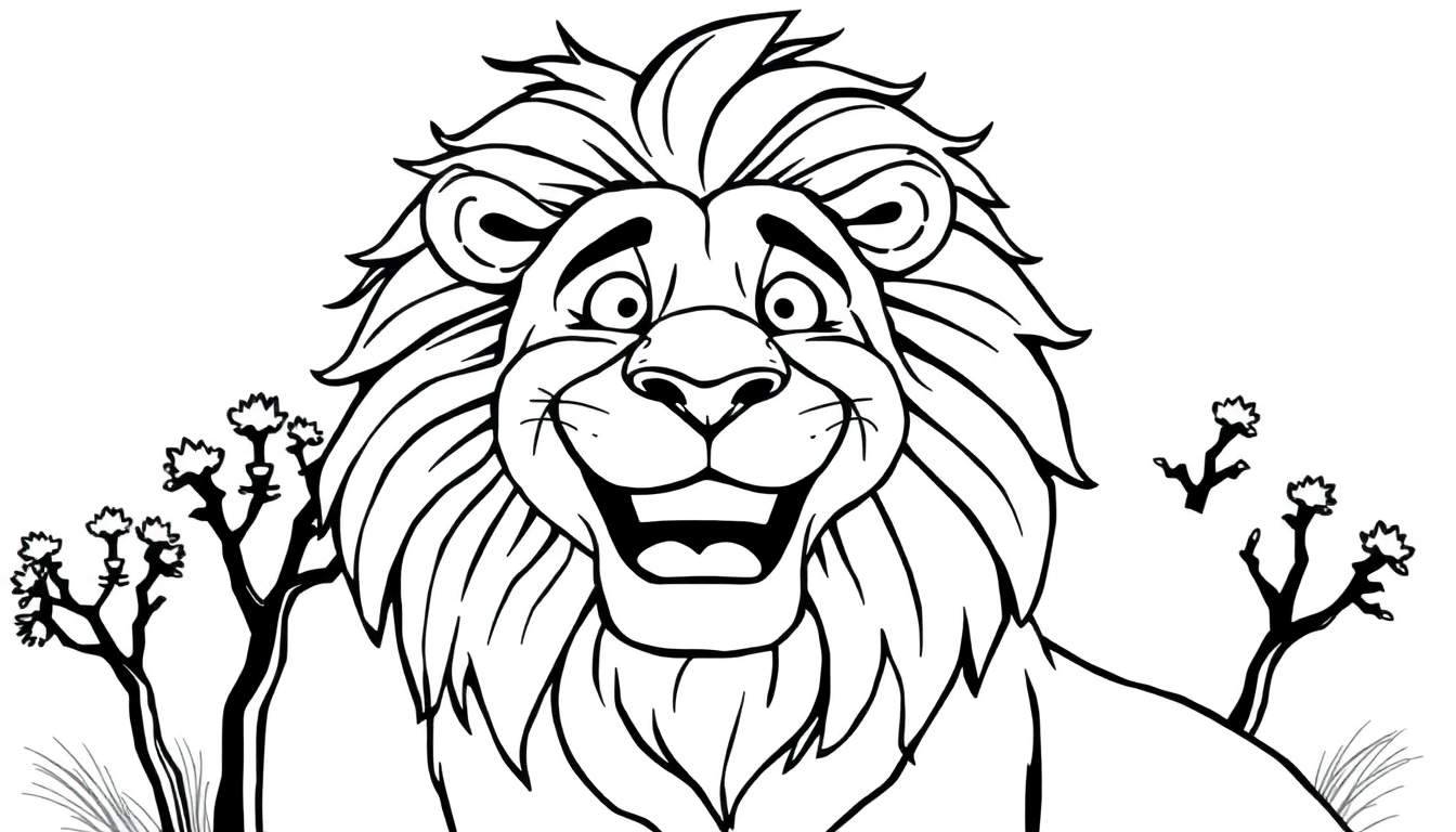 Desenho a preto e branco de um leão sorridente com uma grande juba, rodeado por vegetação africana, pronto para ser colorido.