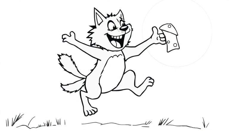 Página para colorir de um lobo de desenho animado feliz a saltar com um pedaço de queijo.