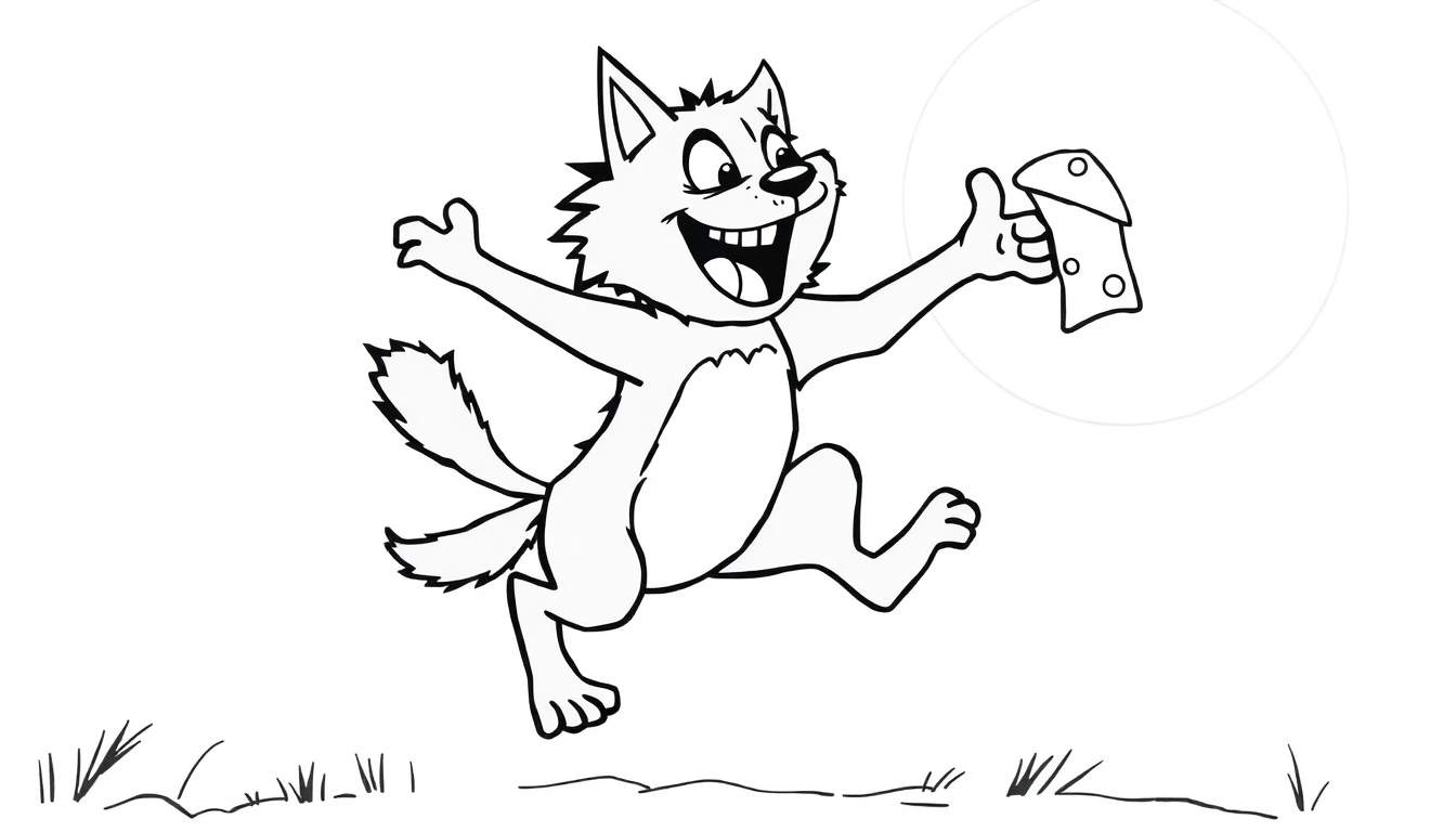 Página para colorir de um lobo de desenho animado feliz a saltar com um pedaço de queijo.