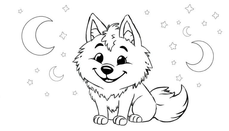 Desenho a preto e branco de um lobo filhote sentado em uma paisagem noturna com luas e estrelas, pronto para ser colorido.