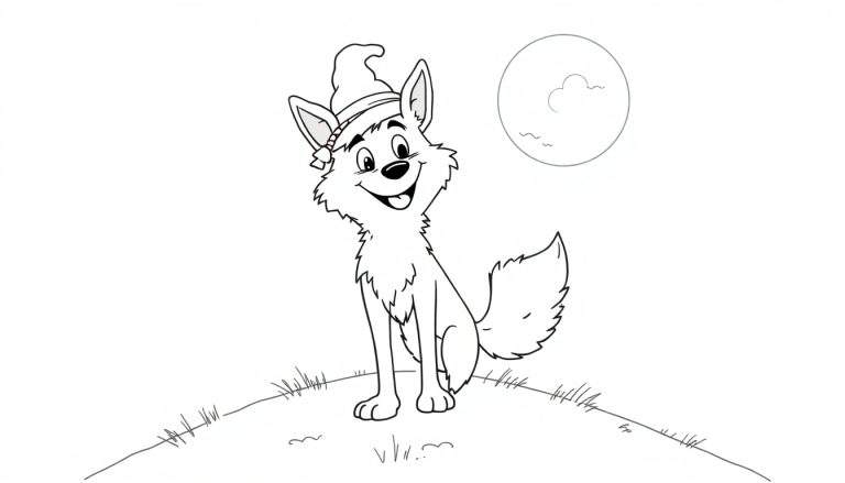 Página para colorir de um lobo feliz com chapéu de bruxa sentado num monte com a lua cheia no céu.