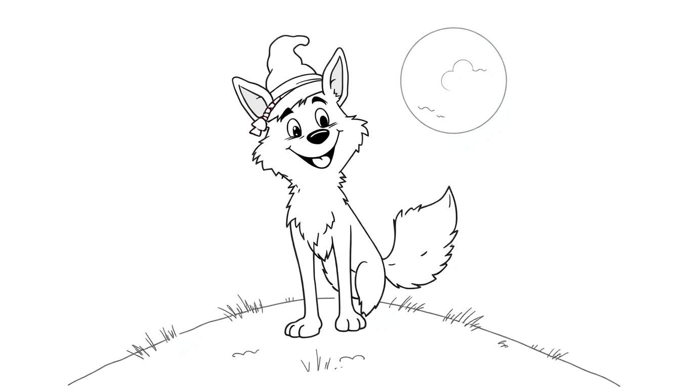 Página para colorir de um lobo feliz com chapéu de bruxa sentado num monte com a lua cheia no céu.