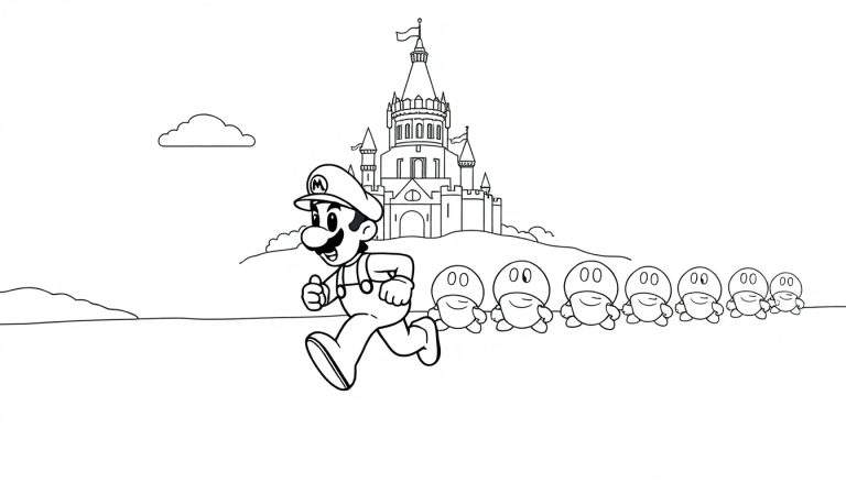 Página para colorir de Mario correndo com cogumelos ao fundo e um castelo em estilo de conto de fadas.