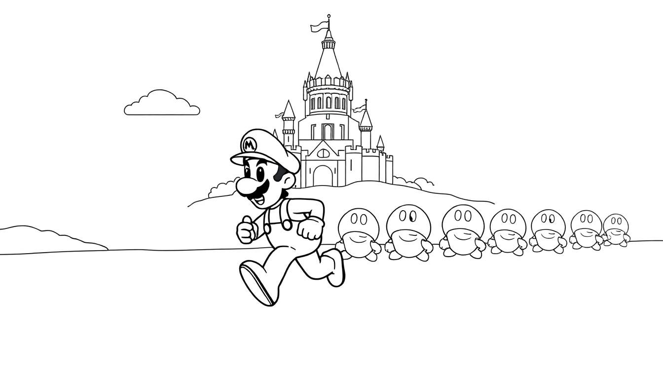 Página para colorir de Mario correndo com cogumelos ao fundo e um castelo em estilo de conto de fadas.