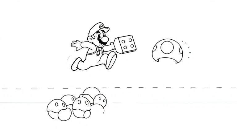 Desenho para colorir de Mario correndo com um dado em direção a um cogumelo brilhante, com cogumelos menores abaixo.