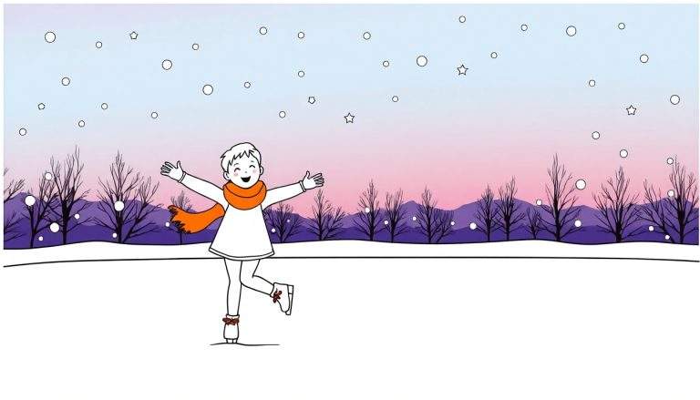 Ilustração para colorir de uma menina com um cachecol laranja patinando no gelo.
