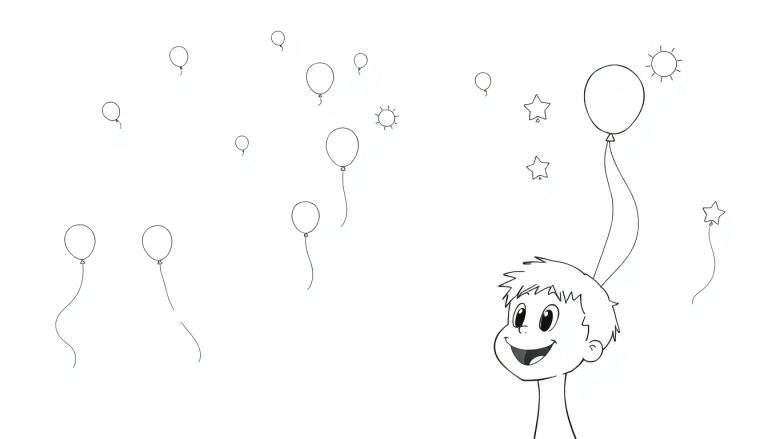 Página para colorir: menino sorridente com balão na cabeça, cercado por balões, estrelas e um sol.