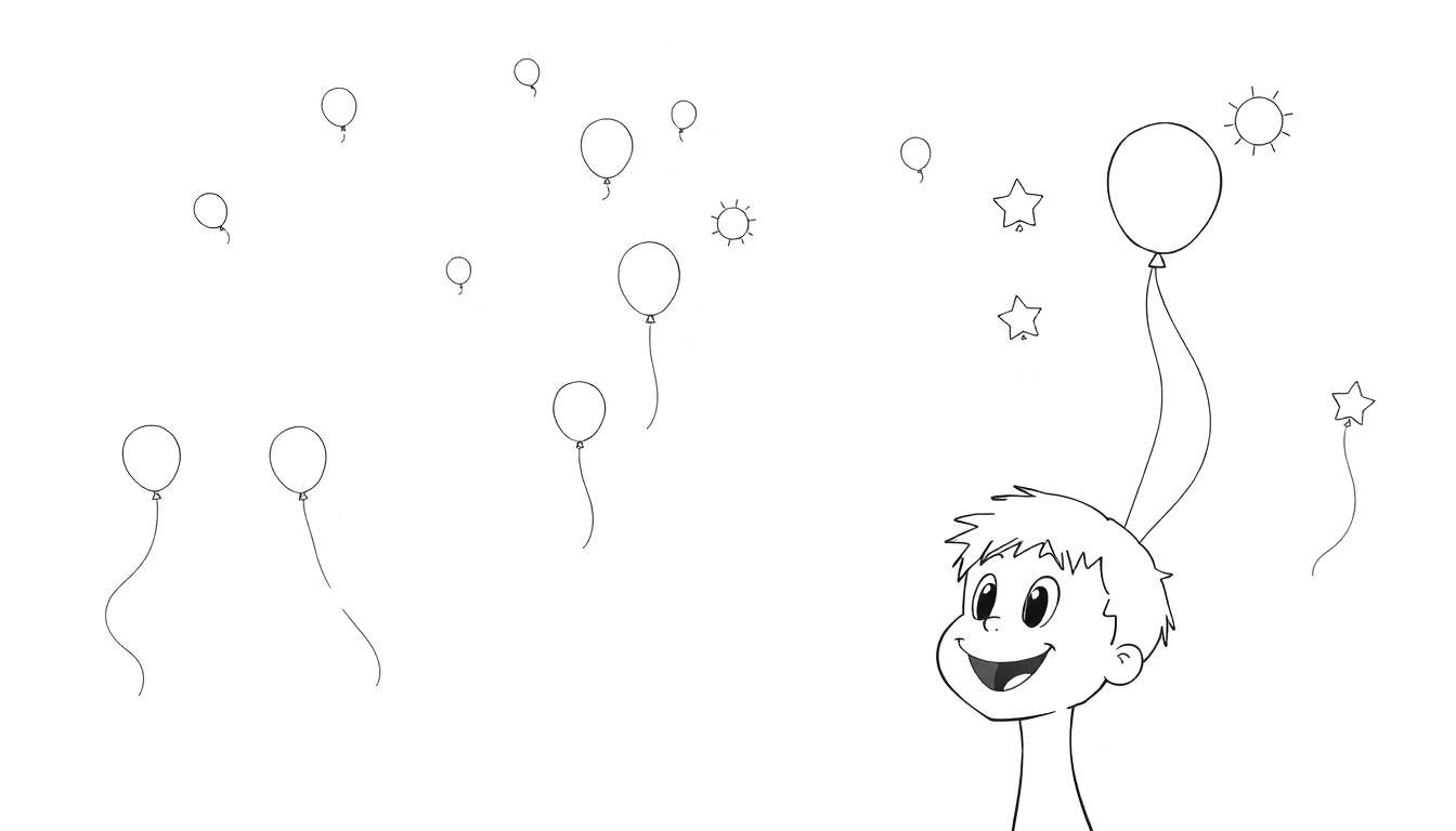 Página para colorir: menino sorridente com balão na cabeça, cercado por balões, estrelas e um sol.