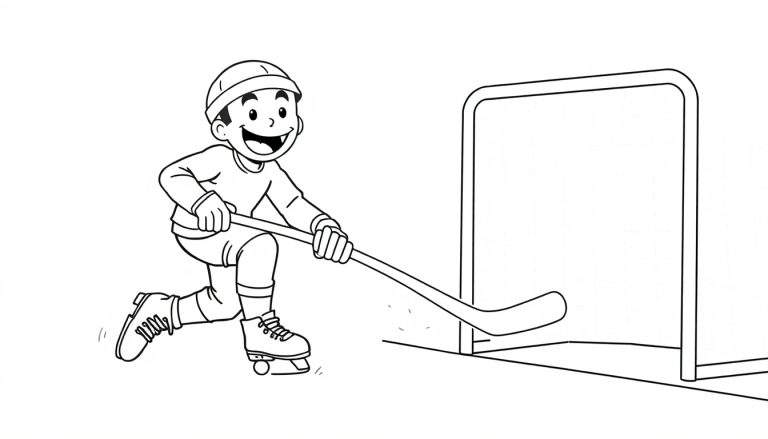 Ilustração em preto e branco de um menino de patins de roda jogando hóquei, com taco e capacete, visando o gol.
